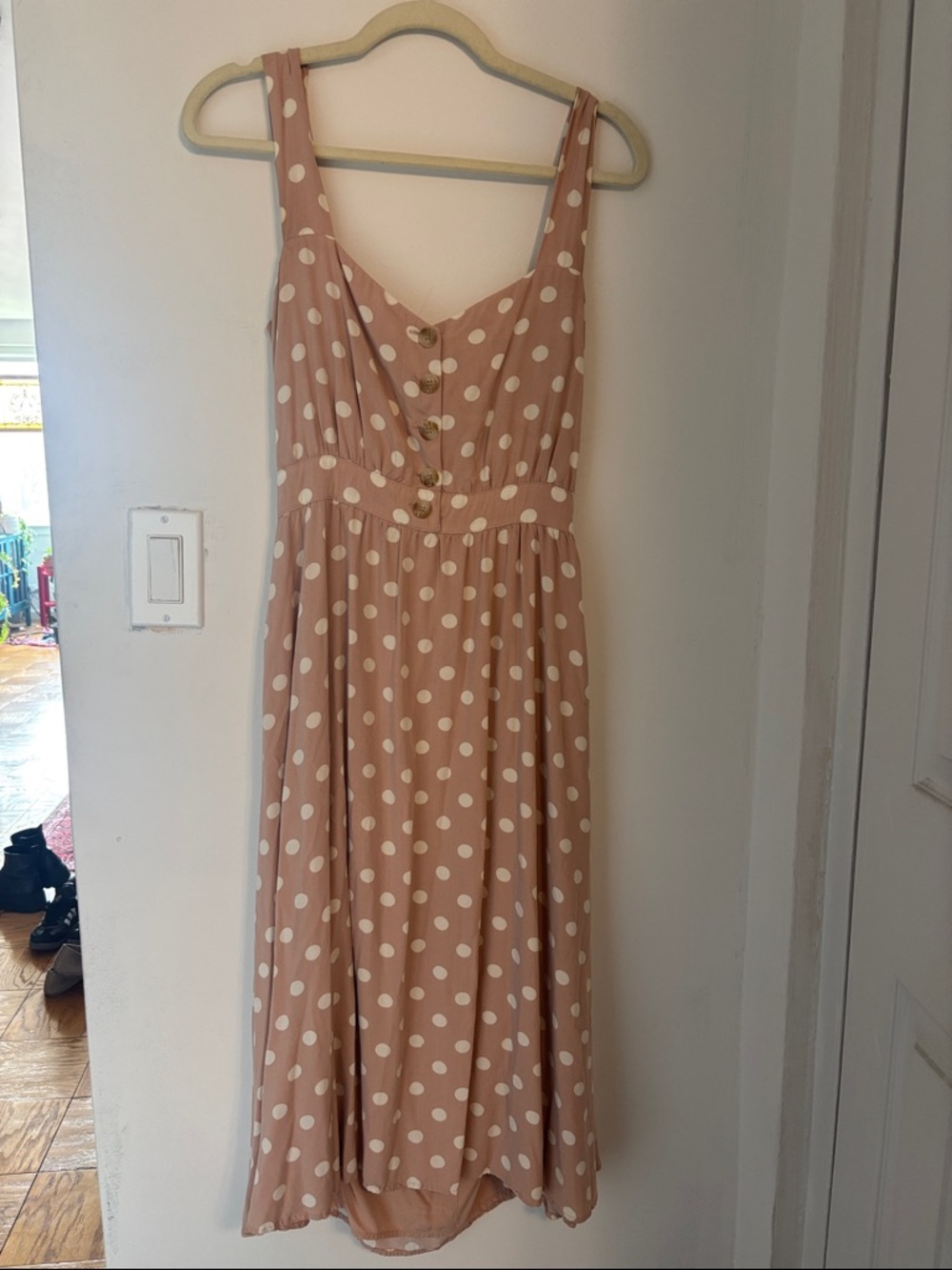 Reformation Dusty Pink Blush Polka Dot Sleeveless Midi Dress Open Back Sz Medium - Picture 1 of 8